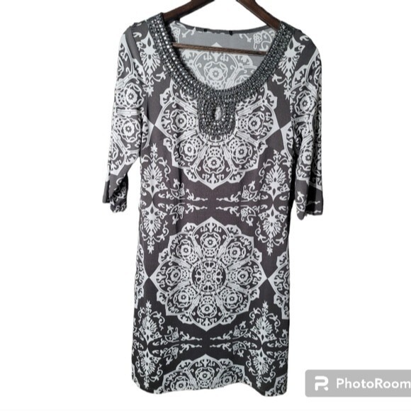 INC International Concept Boho Tunic Dress with Rhinestone Neckline 3/4 sleeve - Picture 3 of 9